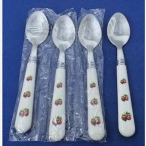 China Pearl APPLES Stainless /Plastic Casuals - Set of 4 Teaspoons 6 1/2" NEW